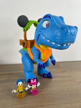 Disney Blue Rex Dinosaur Playset with Orange Harness and Minnie & Donald Figures